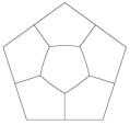 Baumann's division of side-s regular pentagon into 6 parts using cut length 3.7420s.